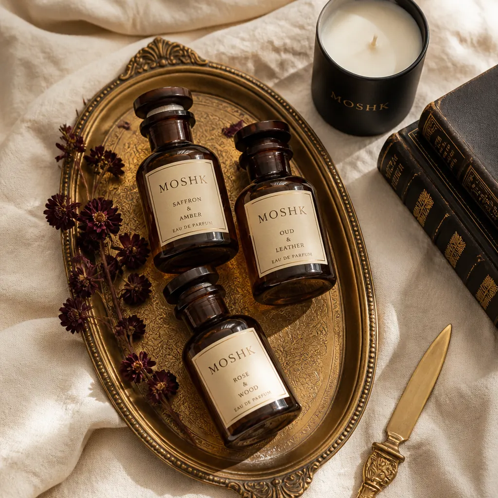 A MOSHK fragrance decant arranged with soft flowers and warm light